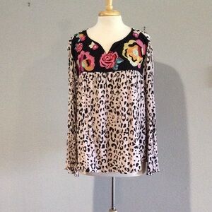 Savanna Jane Embroidered Floral Leopard Print Bell Sleeve V-Neck  Blouse 2X